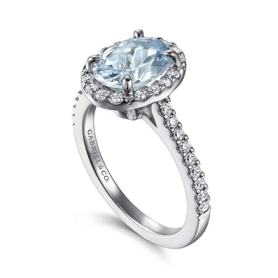14K White Gold Oval Halo Aquamarine and Diamond Engagement Ring angle 3