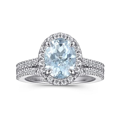 14K White Gold Oval Halo Aquamarine and Diamond Engagement Ring