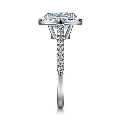 14K White Gold Oval Halo Aquamarine and Diamond Engagement Ring