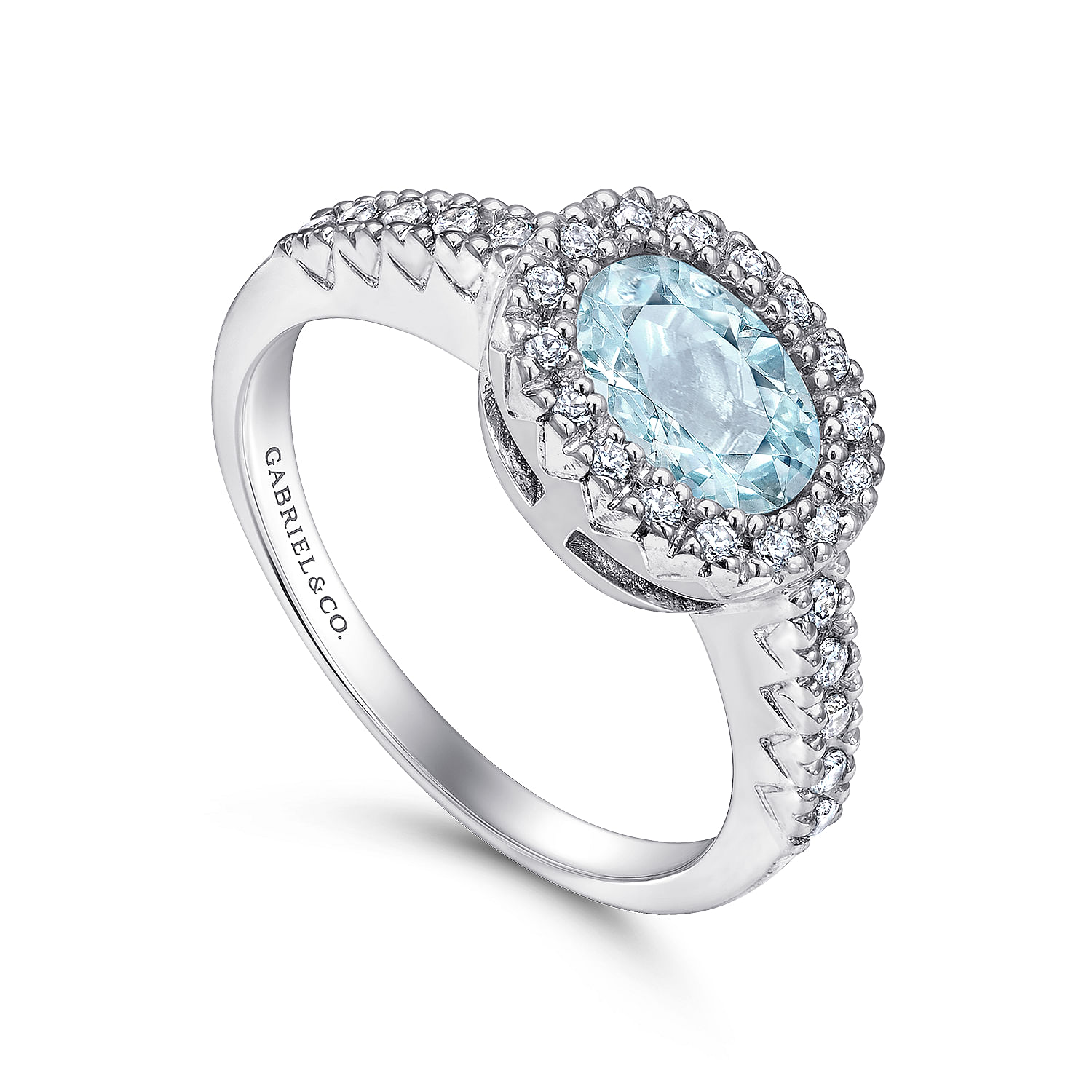 14K White Gold Oval Halo Aquamarine and Diamond Ring