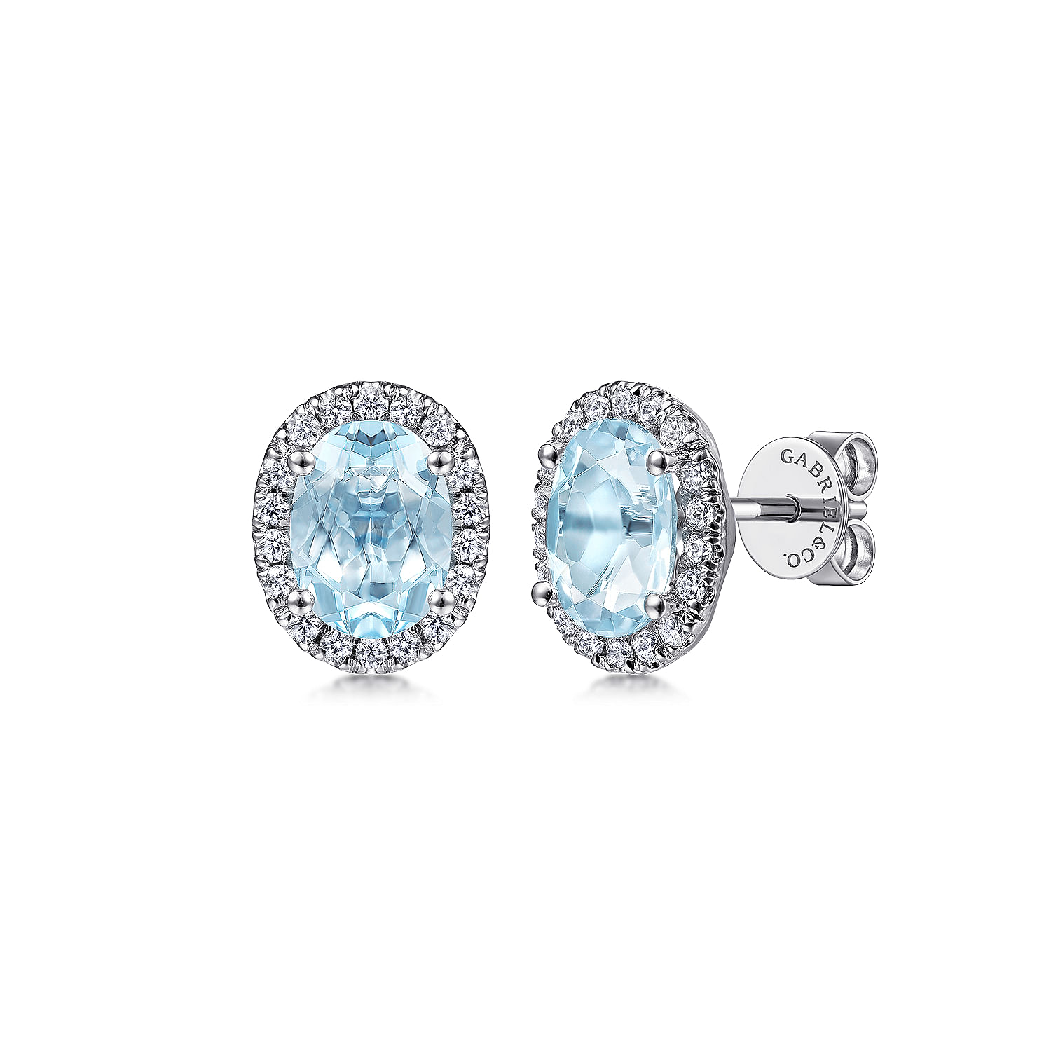 14K White Gold Oval Halo Aquamarine and Diamond Stud Earrings