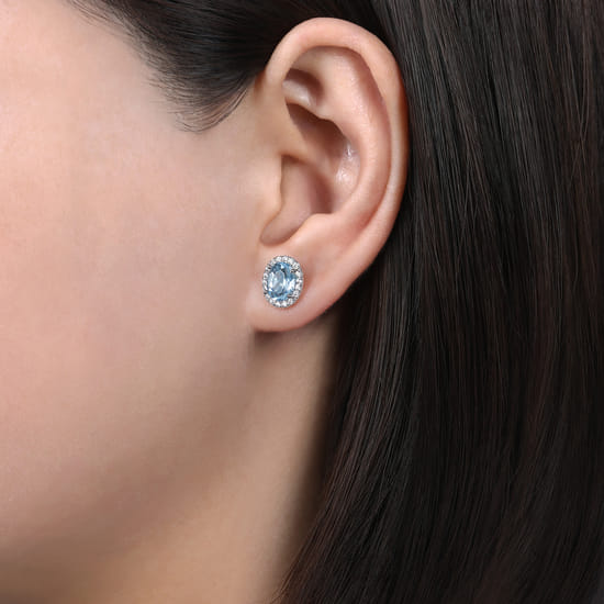 14K White Gold Oval Halo Aquamarine and Diamond Stud Earrings angle 2