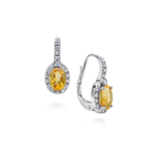 14K White Gold Oval Halo Citrine and Diamond Earrings