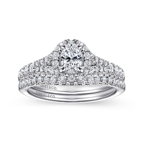 14K White Gold Oval Halo Complete Diamond Engagement Ring