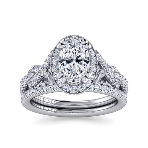 14K White Gold Oval Halo Diamond Engagement Ring