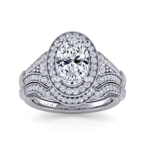 14K White Gold Oval Halo Diamond Engagement Ring