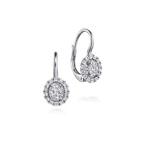 14K White Gold Oval Halo Diamond Leverback Earrings