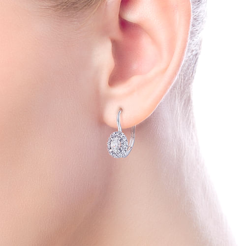 14K White Gold Oval Halo Diamond Leverback Earrings