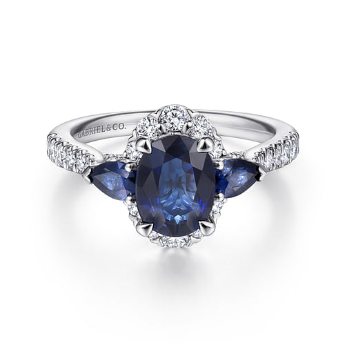 14K White Gold Oval Halo Sapphire and Diamond Engagement Ring