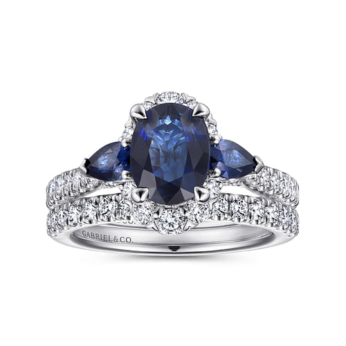 14K White Gold Oval Halo Sapphire and Diamond Engagement Ring