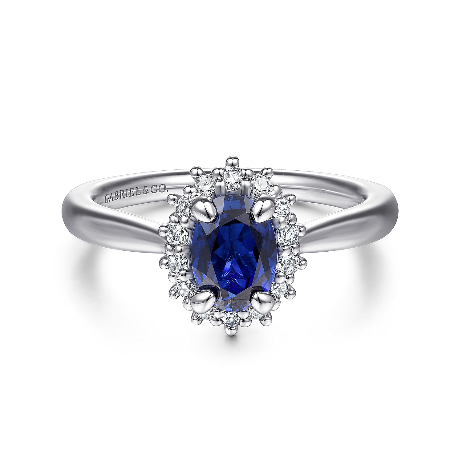 14K White Gold Oval Halo Sapphire and Diamond Engagement Ring