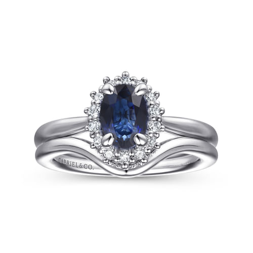 14K White Gold Oval Halo Sapphire and Diamond Engagement Ring