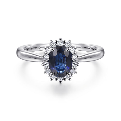 14K White Gold Oval Halo Sapphire and Diamond Engagement Ring