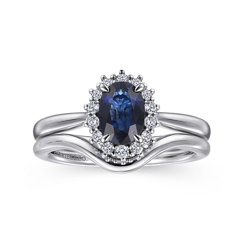 14K White Gold Oval Halo Sapphire and Diamond Engagement Ring