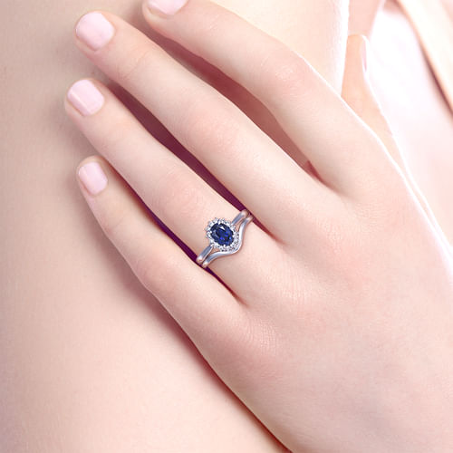 14K White Gold Oval Halo Sapphire and Diamond Engagement Ring