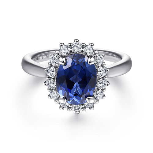 14K White Gold Oval Halo Sapphire and Diamond Engagement Ring