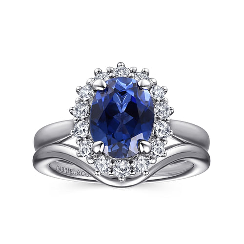 14K White Gold Oval Halo Sapphire and Diamond Engagement Ring