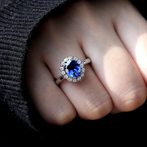 14K White Gold Oval Halo Sapphire and Diamond Engagement Ring