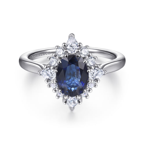 14K White Gold Oval Halo Sapphire and Diamond Engagement Ring