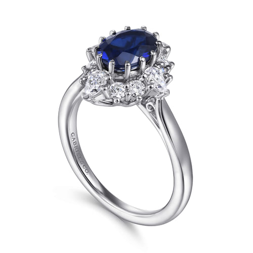 14K White Gold Oval Halo Sapphire and Diamond Engagement Ring