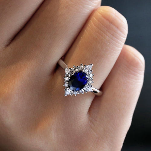 14K White Gold Oval Halo Sapphire and Diamond Engagement Ring