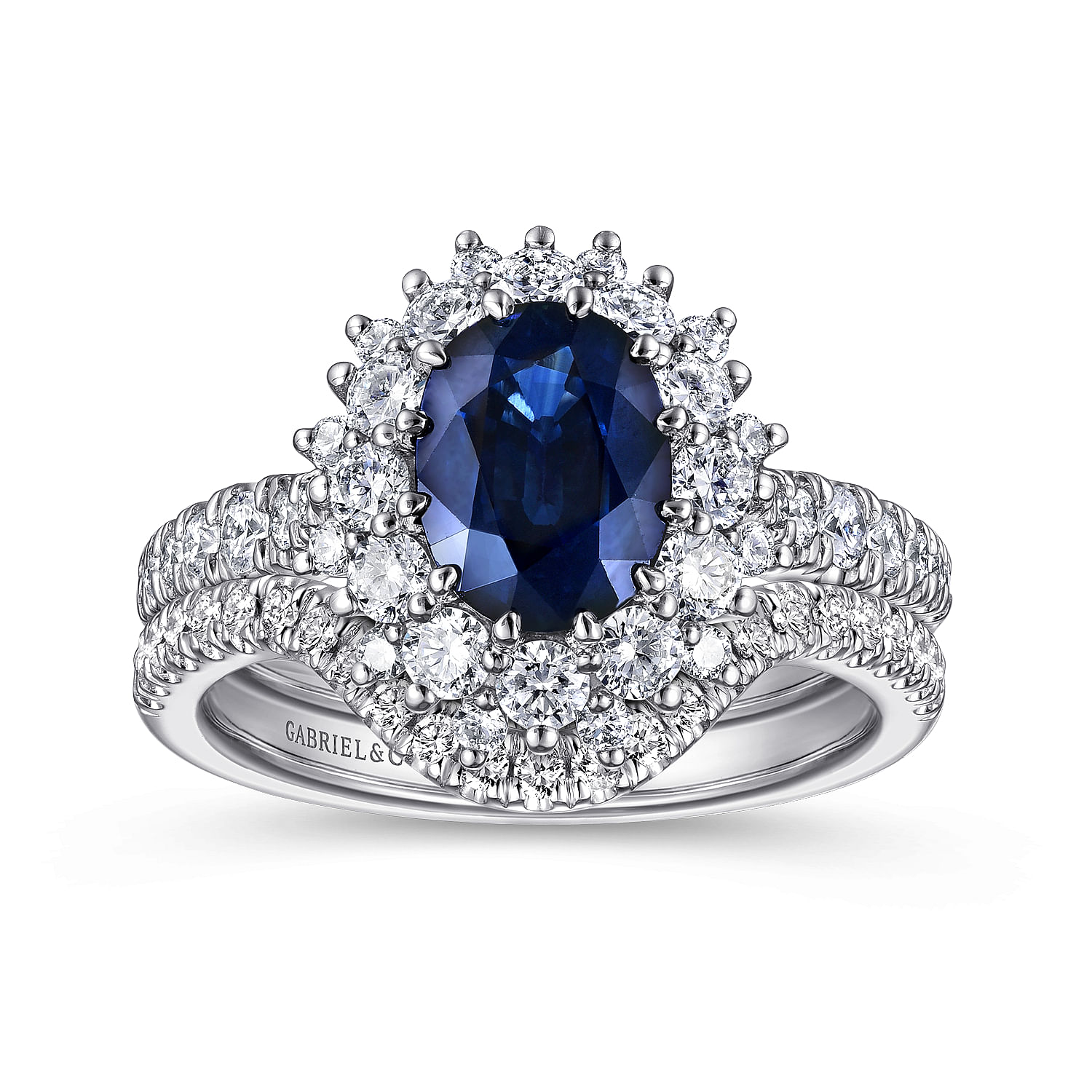 14K White Gold Oval Halo Sapphire and Diamond Engagement Ring