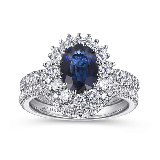 14K White Gold Oval Halo Sapphire and Diamond Engagement Ring angle 4