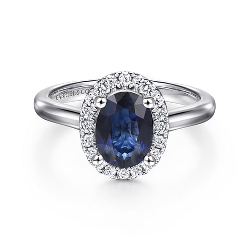 14K White Gold Oval Halo Sapphire and Diamond Engagement Ring