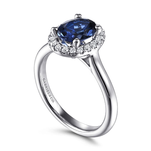 14K White Gold Oval Halo Sapphire and Diamond Engagement Ring