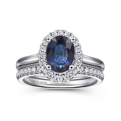 14K White Gold Oval Halo Sapphire and Diamond Engagement Ring