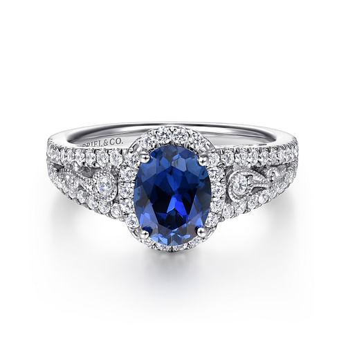 14K White Gold Oval Halo Sapphire and Diamond Engagement Ring