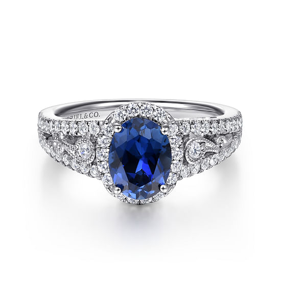 Gabriel - 14K White Gold Oval Halo Sapphire and Diamond Engagement Ring