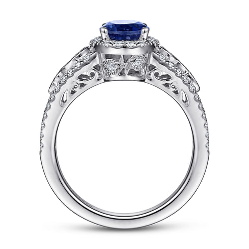 14K White Gold Oval Halo Sapphire and Diamond Engagement Ring