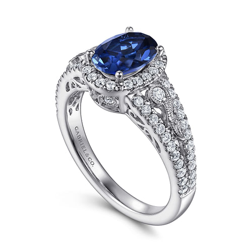 14K White Gold Oval Halo Sapphire and Diamond Engagement Ring