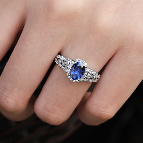 14K White Gold Oval Halo Sapphire and Diamond Engagement Ring