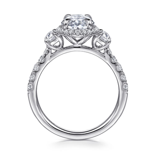 14K White Gold Oval Halo Three Stone Diamond Engagement Ring