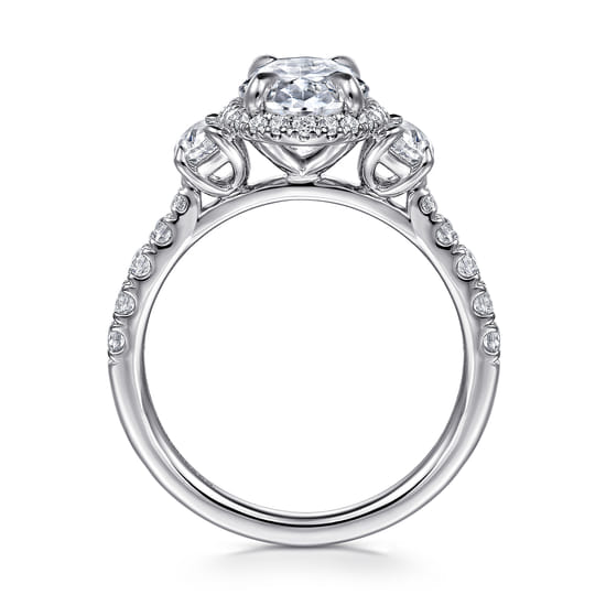 14K White Gold Oval Halo Three Stone Diamond Engagement Ring angle 2