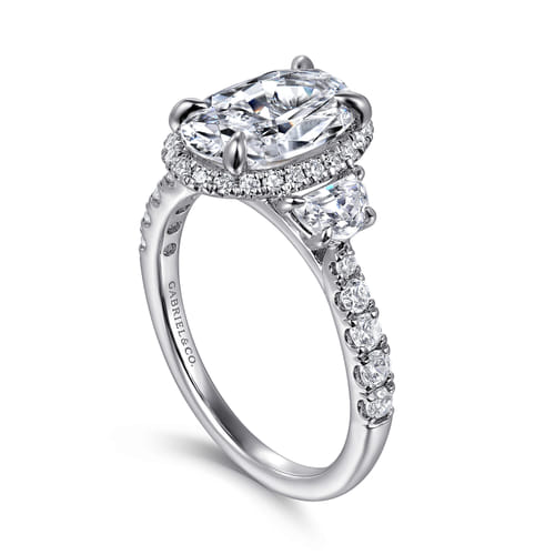 14K White Gold Oval Halo Three Stone Diamond Engagement Ring