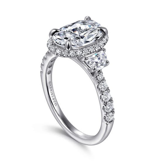 14K White Gold Oval Halo Three Stone Diamond Engagement Ring angle 3
