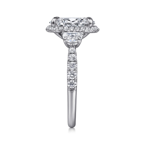 14K White Gold Oval Halo Three Stone Diamond Engagement Ring