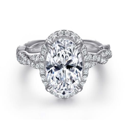 14K White Gold Oval Halo Twisted Diamond Engagement Ring