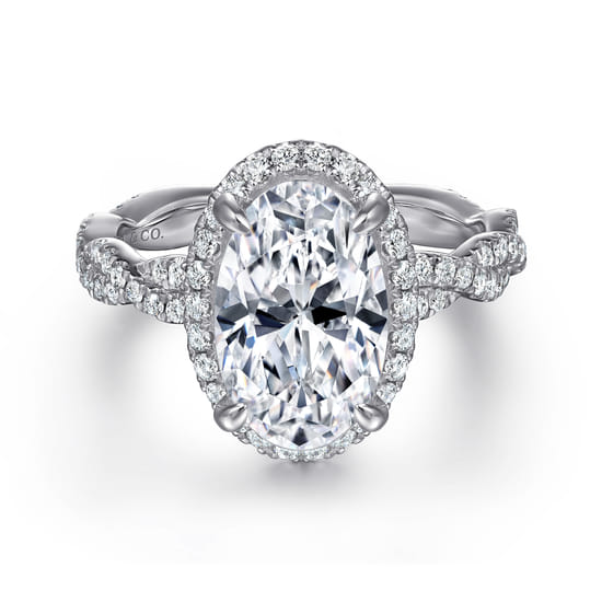 14K White Gold Oval Halo Twisted Diamond Engagement Ring
