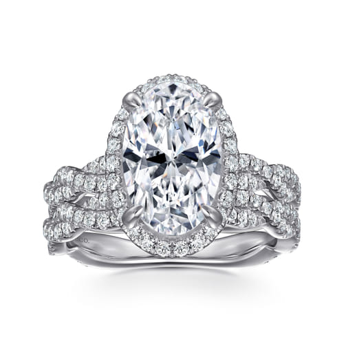 14K White Gold Oval Halo Twisted Diamond Engagement Ring