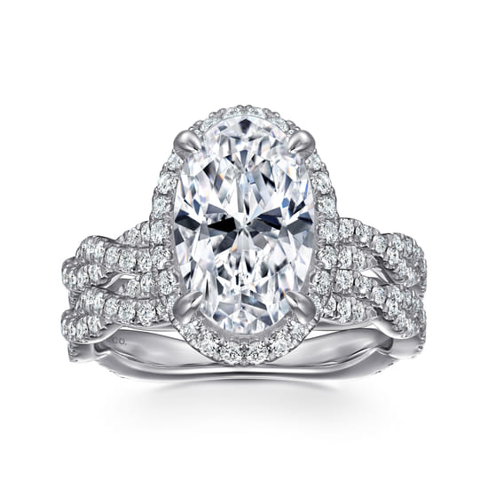 14K White Gold Oval Halo Twisted Diamond Engagement Ring angle 4