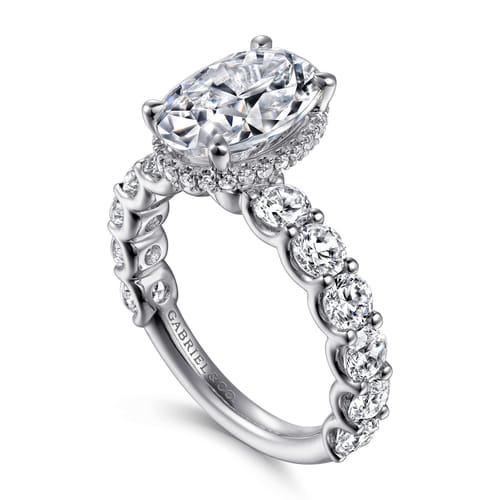 14K White Gold Oval Hidden Halo Diamond Engagement Ring