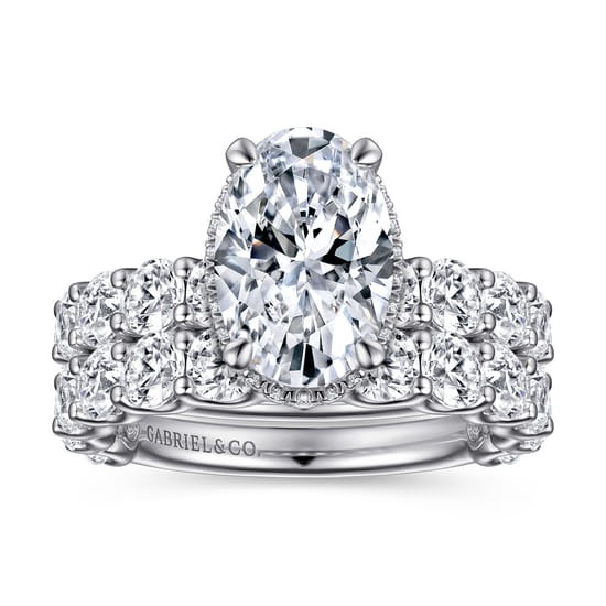 14K White Gold Oval Hidden Halo Diamond Engagement Ring angle 4