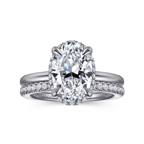 14K White Gold Oval Hidden Halo Diamond Engagement Ring