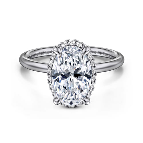 14K White Gold Oval Hidden Halo Diamond Engagement Ring