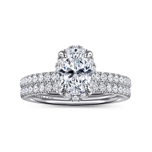 14K White Gold Oval Hidden Halo Diamond Engagement Ring