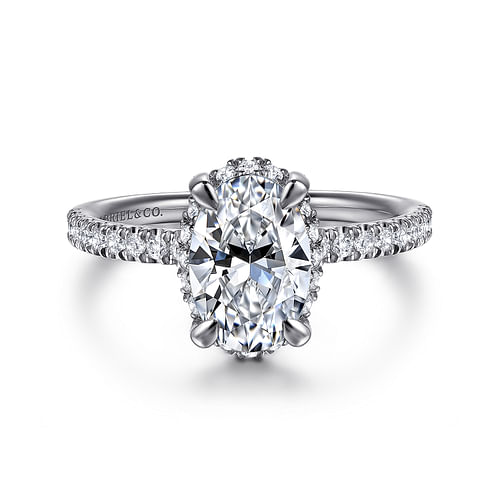 14K White Gold Oval Hidden Halo Diamond Engagement Ring